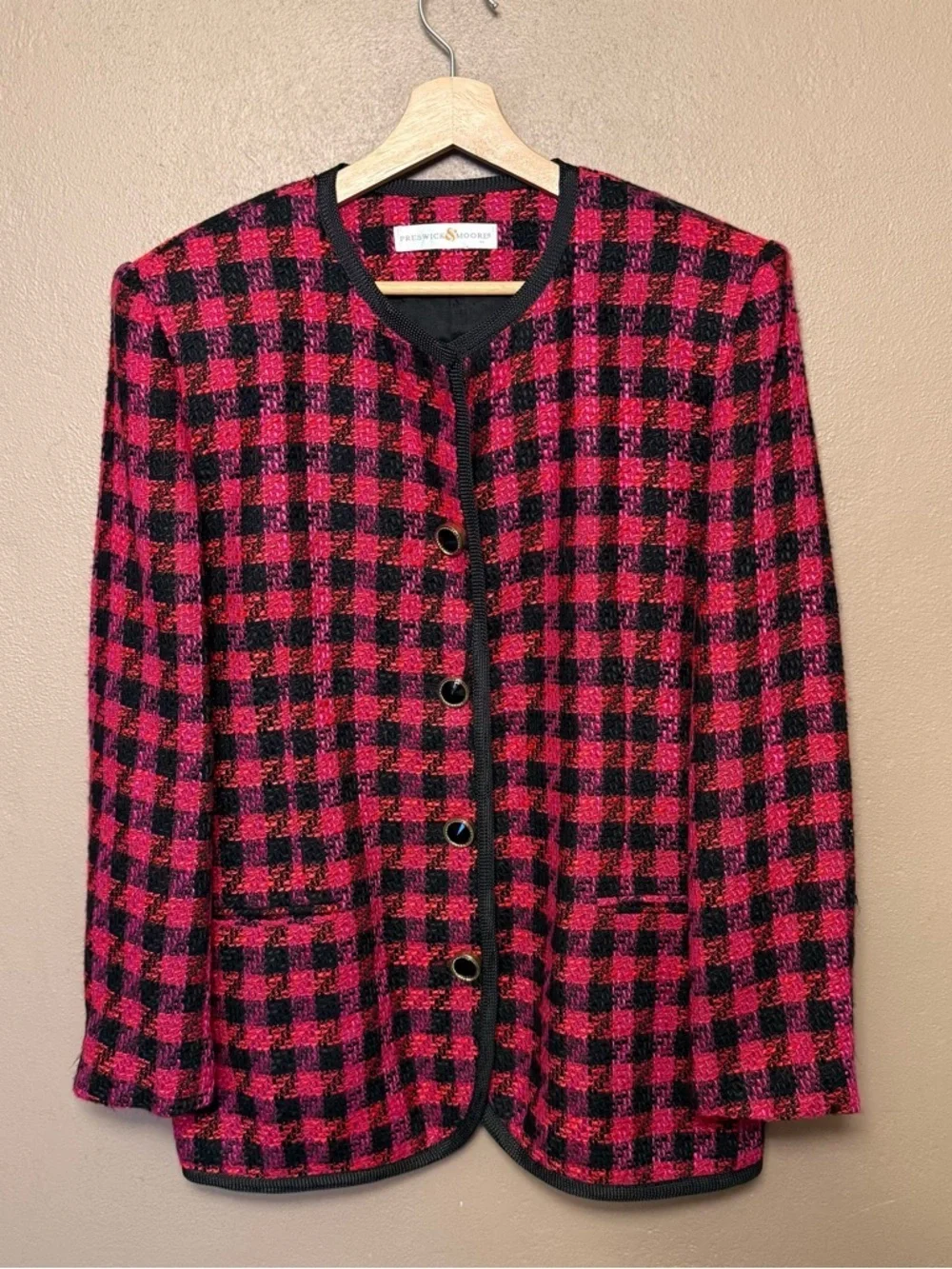 Preswick & Moore Vtg 90s Pink & Black Blazer Jacket, Gold/Black Buttons Size 14 - Picture 1 of 17